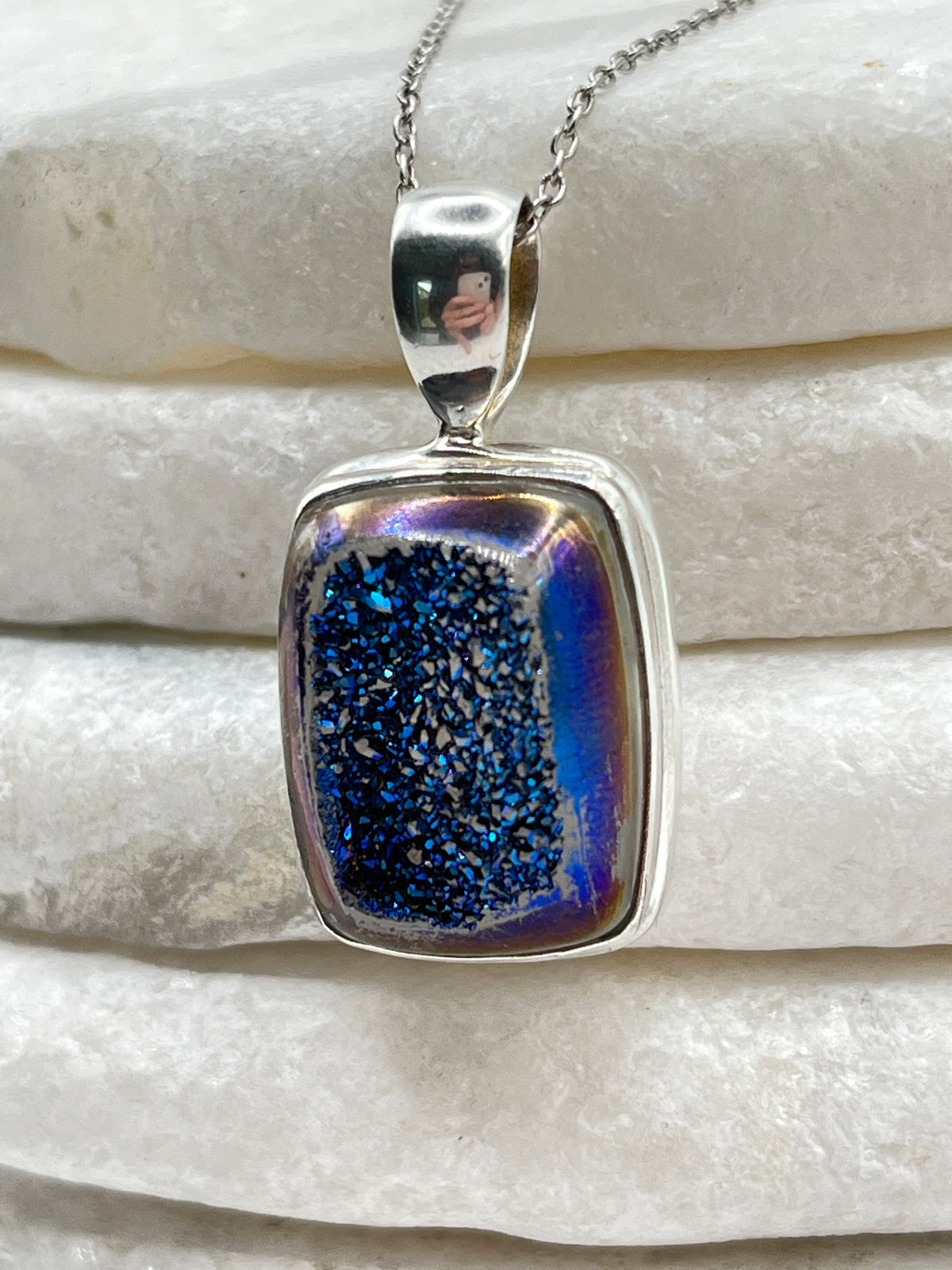 925 Sterling Silver Titanium Blue Drusy Pendant on 45cm Chain