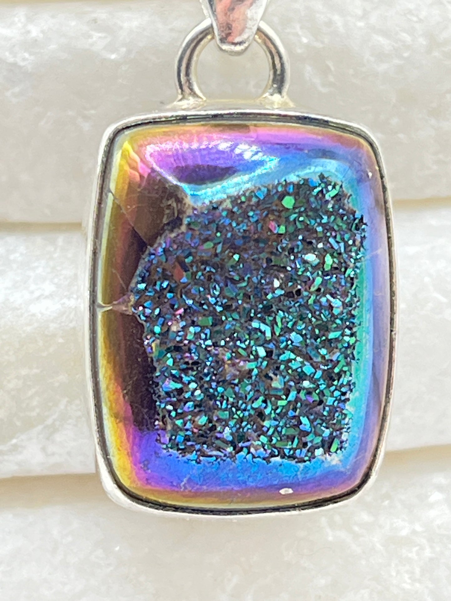 925 Sterling Silver Peacock Green Drusy Pendant on 45cm Chain