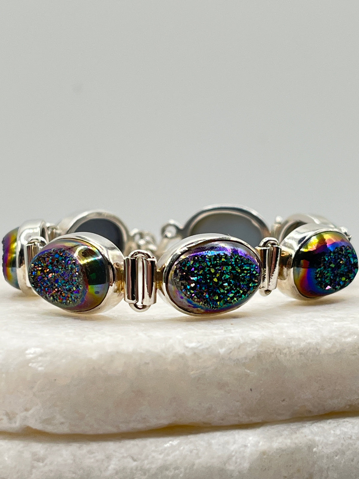 925 Sterling Silver Peacock Green Drusy Bracelet