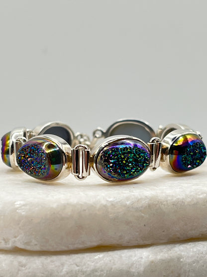 925 Sterling Silver Peacock Green Drusy Bracelet
