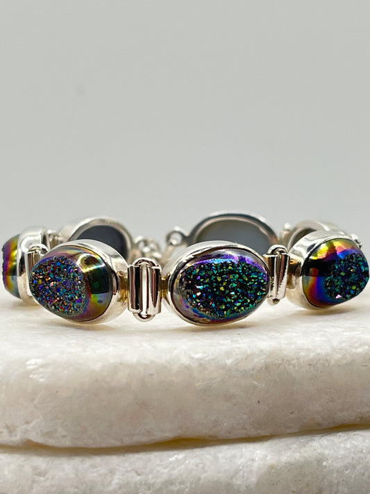 925 Sterling Silver Peacock Green Drusy Bracelet