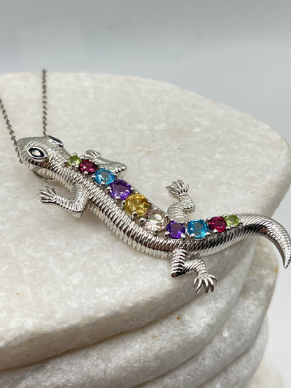 925 Sterling Silver Multi Gemstone Slinky Lizard Pendant With Amethyst, Blue Topaz, Garnet, Morganite, Black Spinel Stones