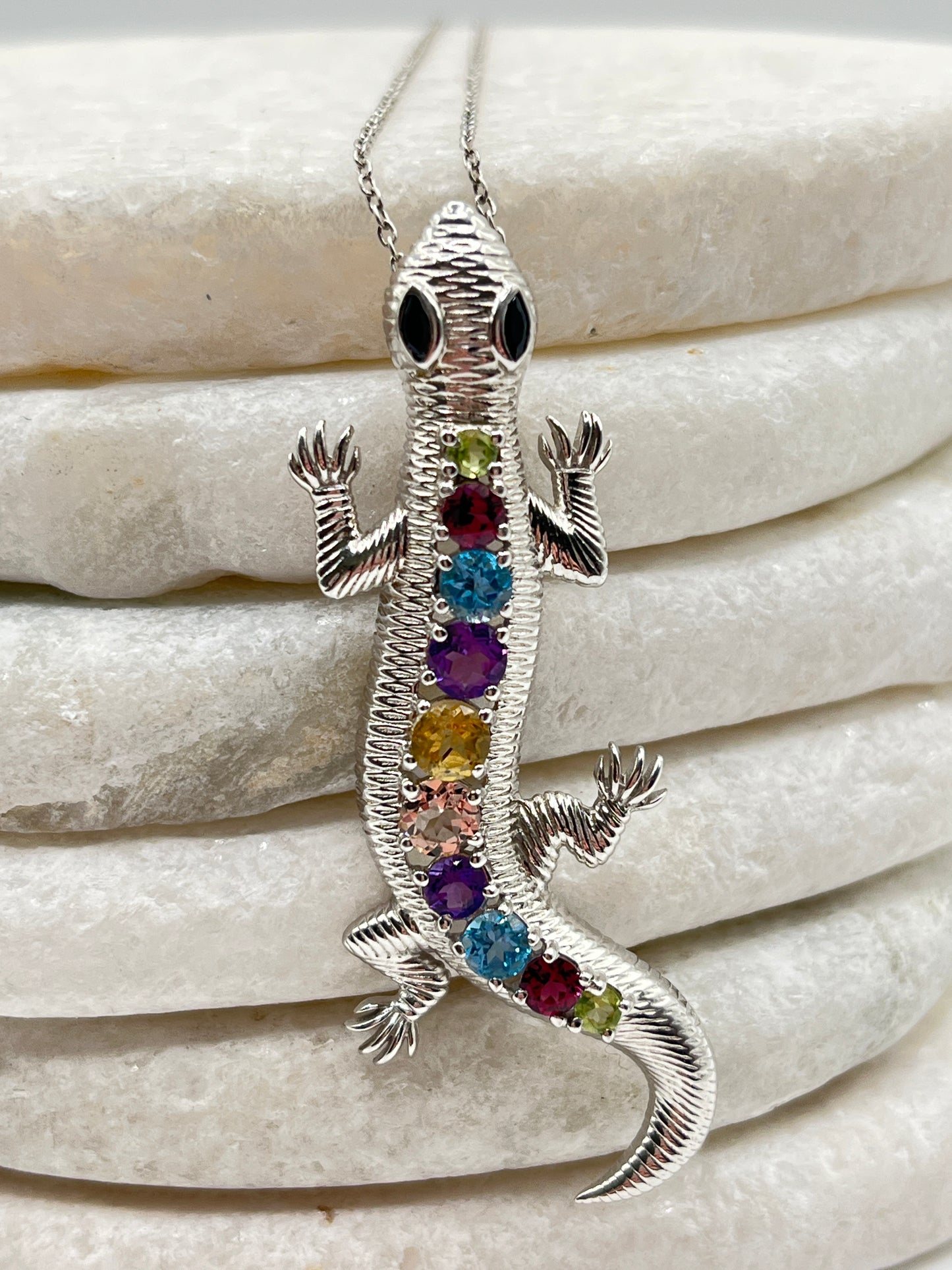 925 Sterling Silver Multi Gemstone Slinky Lizard Pendant With Amethyst, Blue Topaz, Garnet, Morganite, Black Spinel Stones