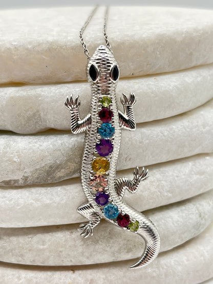 925 Sterling Silver Multi Gemstone Slinky Lizard Pendant With Amethyst, Blue Topaz, Garnet, Morganite, Black Spinel Stones