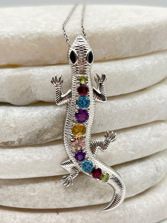 925 Sterling Silver Multi Gemstone Slinky Lizard Pendant With Amethyst, Blue Topaz, Garnet, Morganite, Black Spinel Stones