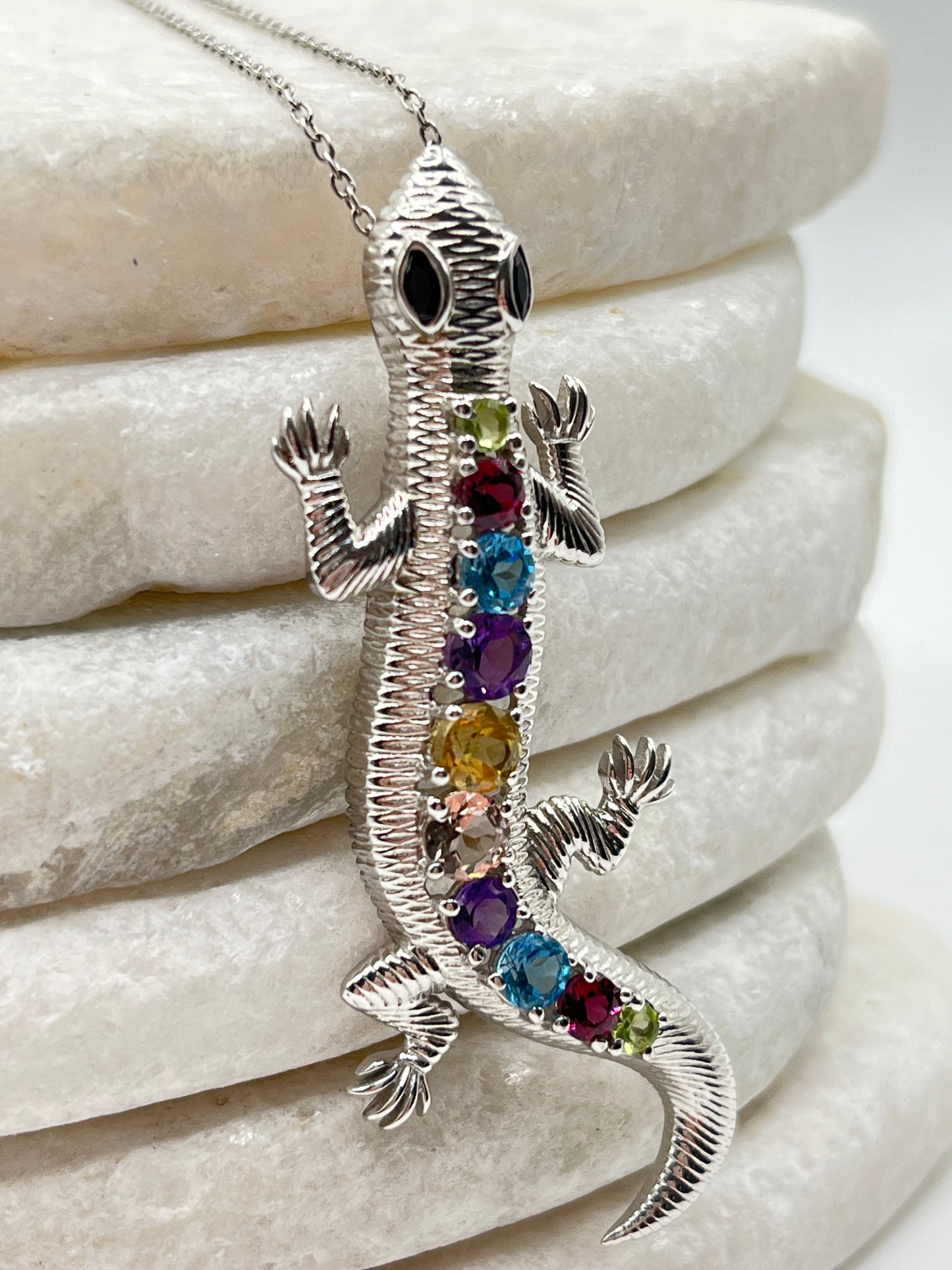 925 Sterling Silver Multi Gemstone Slinky Lizard Pendant With Amethyst, Blue Topaz, Garnet, Morganite, Black Spinel Stones