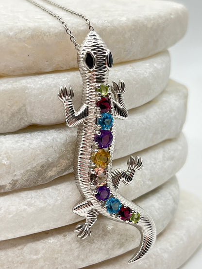 925 Sterling Silver Multi Gemstone Slinky Lizard Pendant With Amethyst, Blue Topaz, Garnet, Morganite, Black Spinel Stones