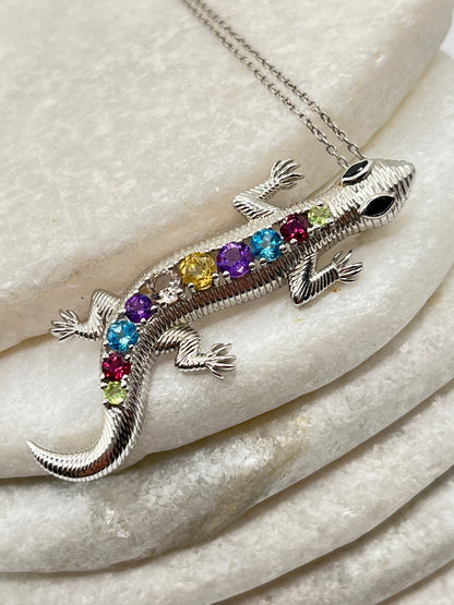 925 Sterling Silver Multi Gemstone Slinky Lizard Pendant With Amethyst, Blue Topaz, Garnet, Morganite, Black Spinel Stones