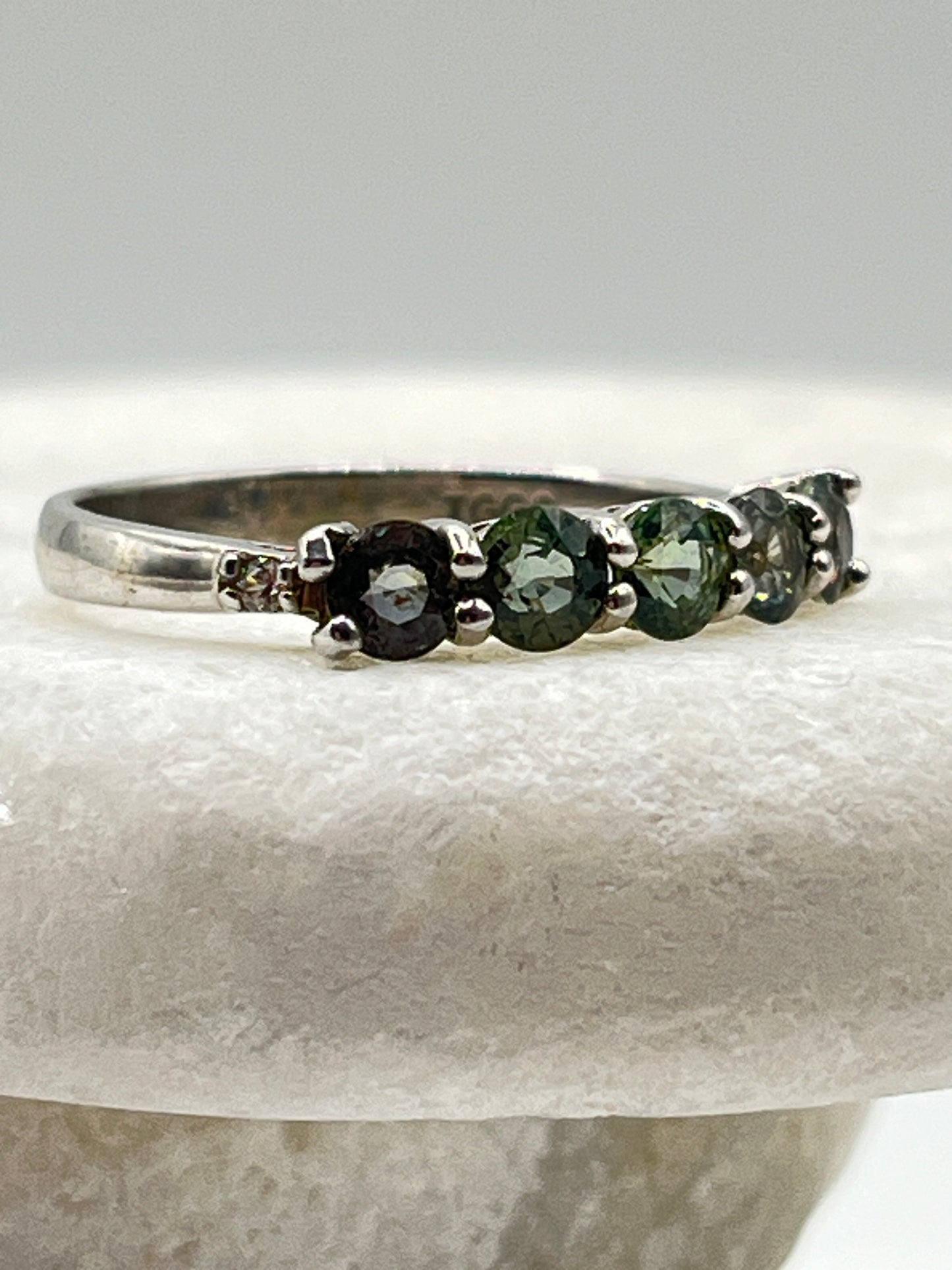 925 Sterling Silver Tunduru Colour Changing Sapphire Five Stone Half Eternity Ring Band - Size - P.5