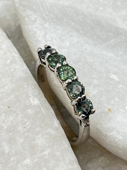 925 Sterling Silver Tunduru Colour Changing Sapphire Five Stone Half Eternity Ring Band - Size - P.5