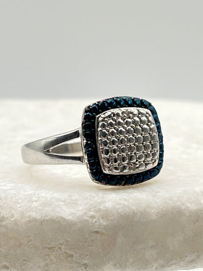 Vintage 925 Sterling Silver Square Blue and White Diamond Ring - Size O