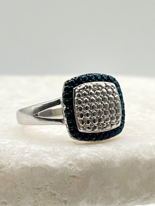 Vintage 925 Sterling Silver Square Blue and White Diamond Ring - Size O