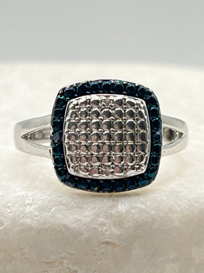 Vintage 925 Sterling Silver Square Blue and White Diamond Ring - Size O