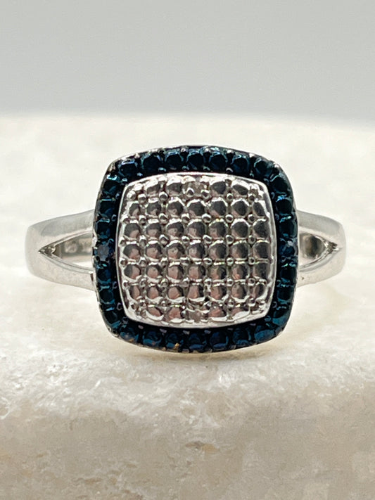 Vintage 925 Sterling Silver Square Blue and White Diamond Ring - Size O