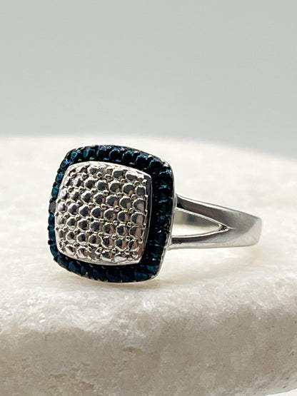 Vintage 925 Sterling Silver Square Blue and White Diamond Ring - Size O
