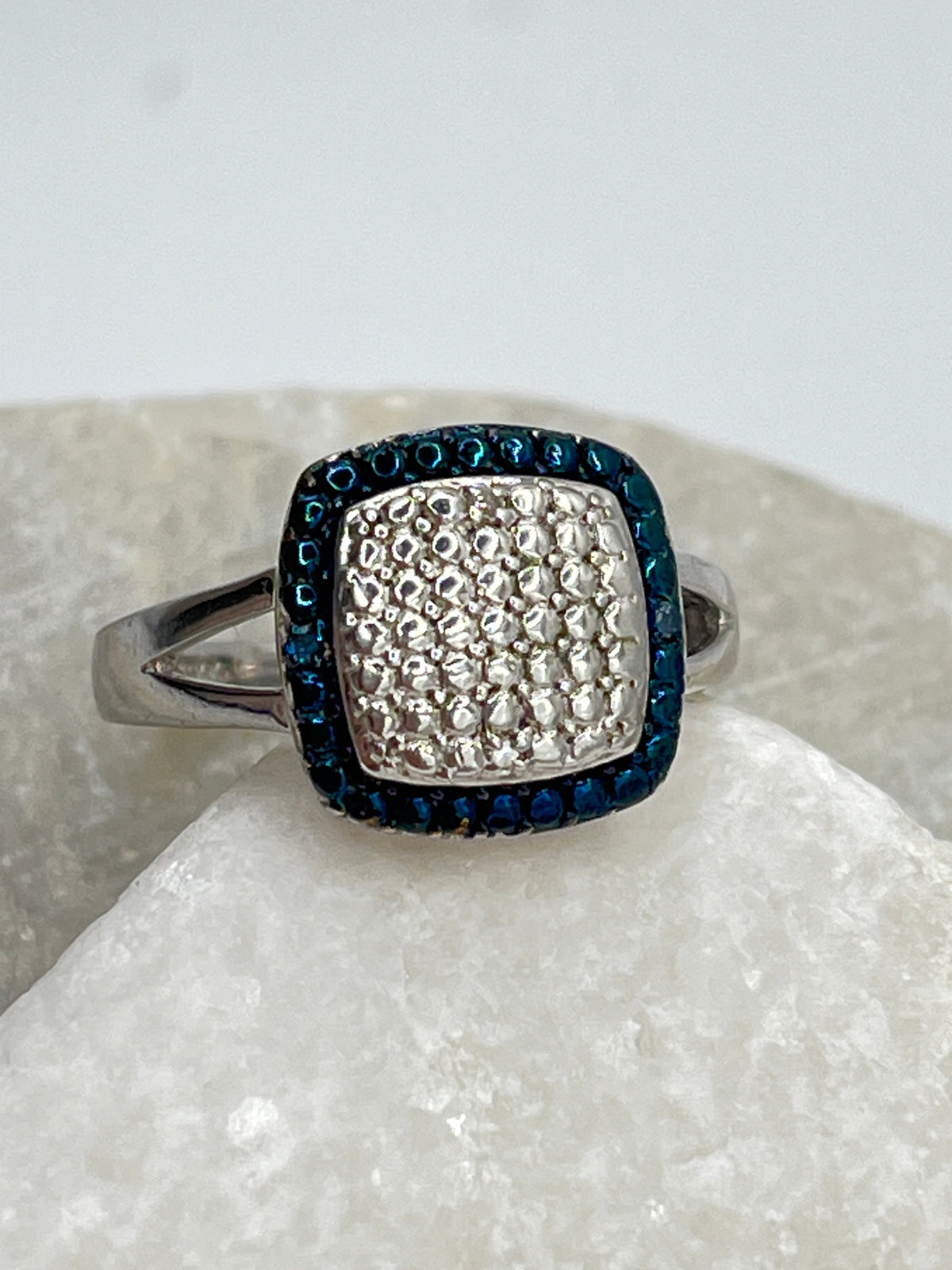 Vintage 925 Sterling Silver Square Blue and White Diamond Ring - Size O