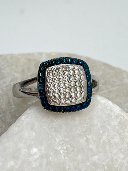 Vintage 925 Sterling Silver Square Blue and White Diamond Ring - Size O