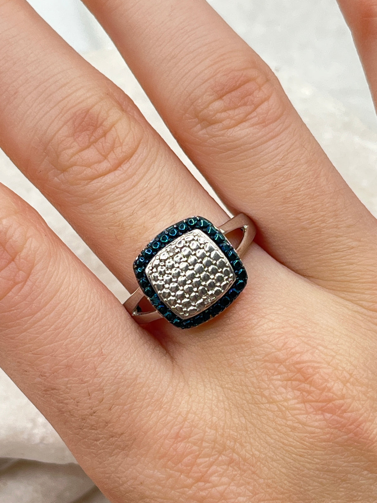 Vintage 925 Sterling Silver Square Blue and White Diamond Ring - Size O