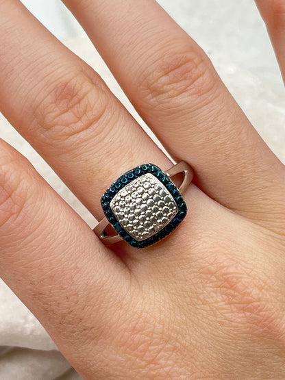 Vintage 925 Sterling Silver Square Blue and White Diamond Ring - Size O