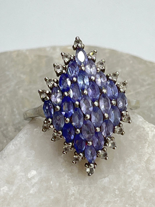 Vintage 925 Sterling Silver Tanzanite and White Diamond Marquise Shaped Cluster Ring - Size T.5