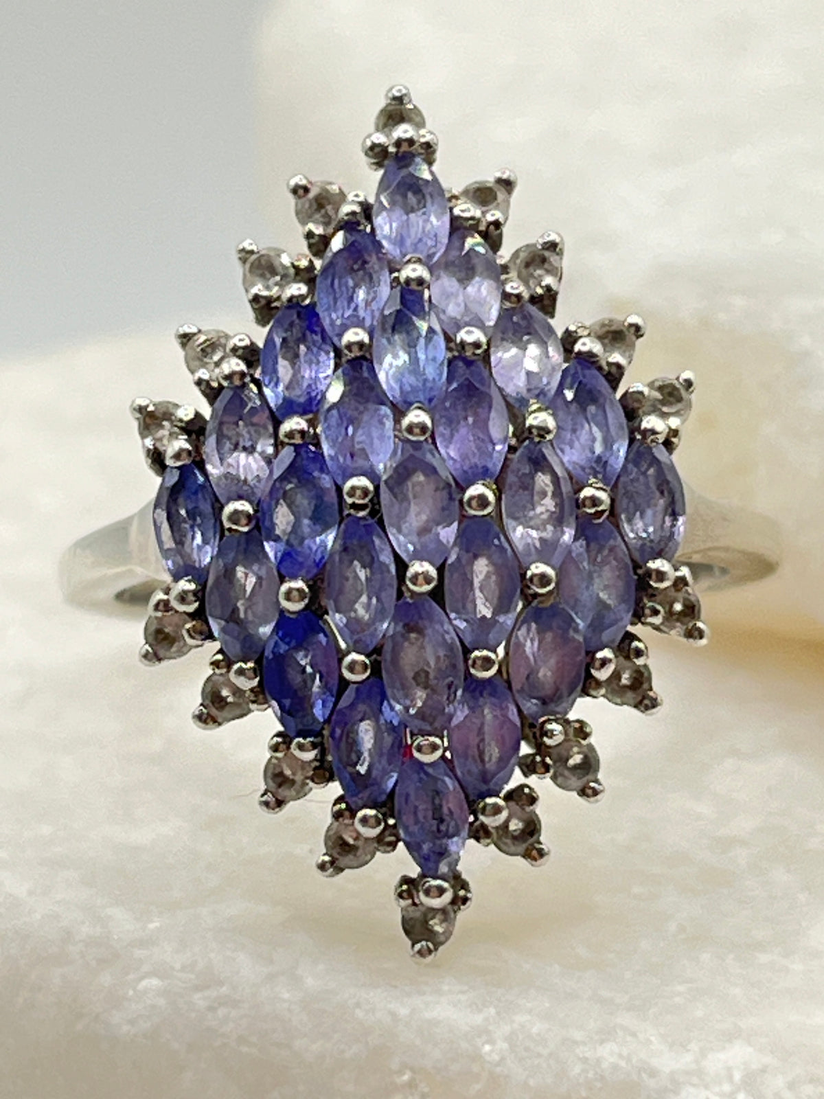 Vintage 925 Sterling Silver Tanzanite and White Diamond Marquise Shaped Cluster Ring - Size T.5