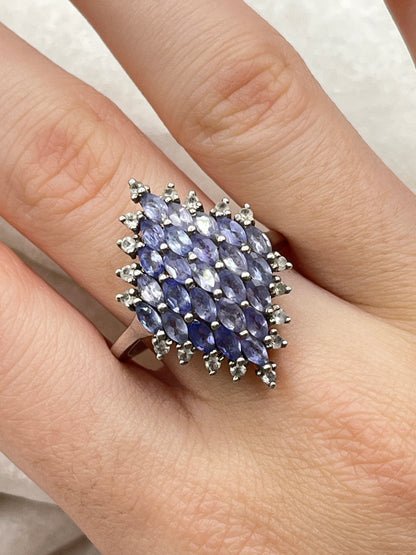 Vintage 925 Sterling Silver Tanzanite and White Diamond Marquise Shaped Cluster Ring - Size T.5