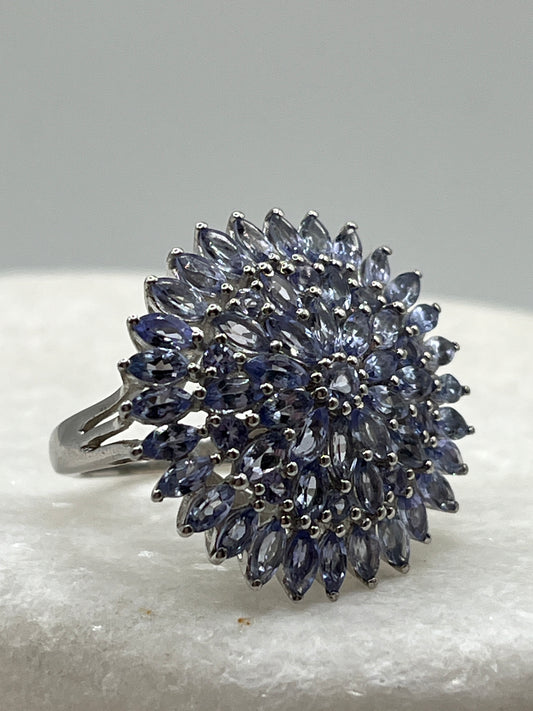 925 Sterling Silver Tanzanite Large Shaped Cluster Ring - Size O