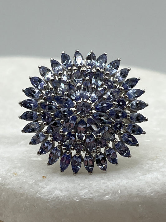925 Sterling Silver Tanzanite Large Shaped Cluster Ring - Size O