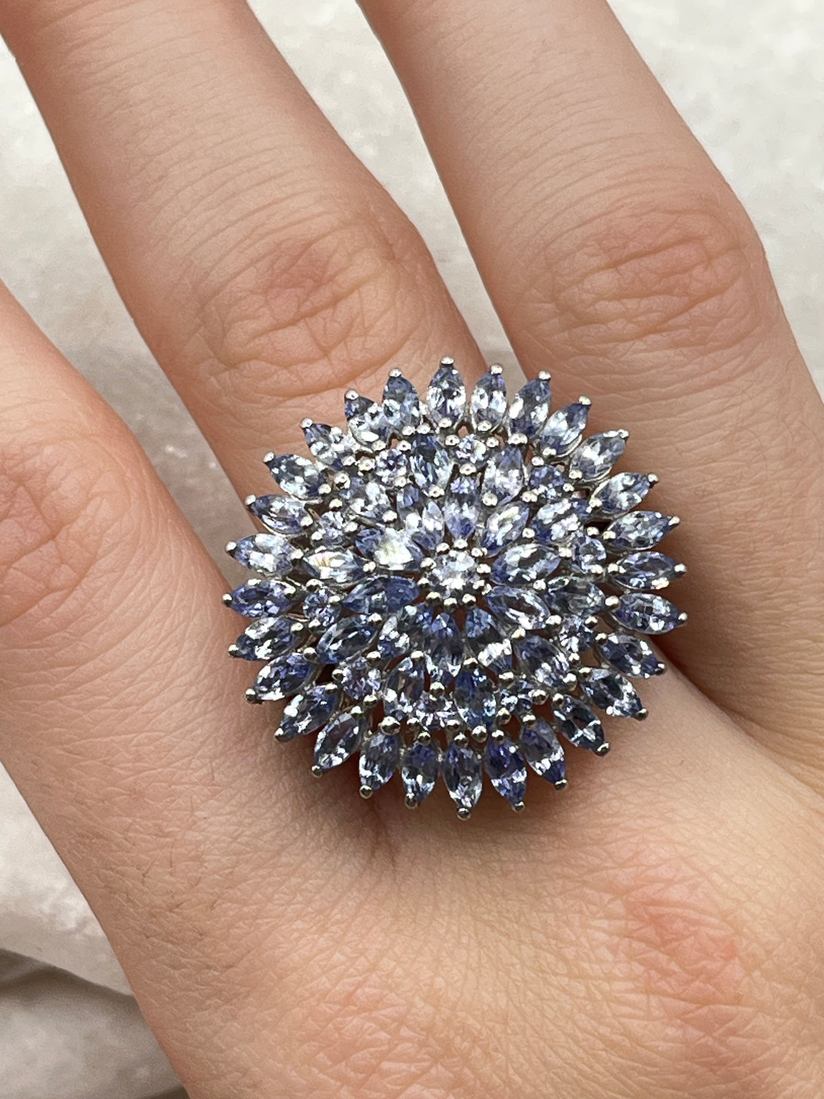 925 Sterling Silver Tanzanite Large Shaped Cluster Ring - Size O