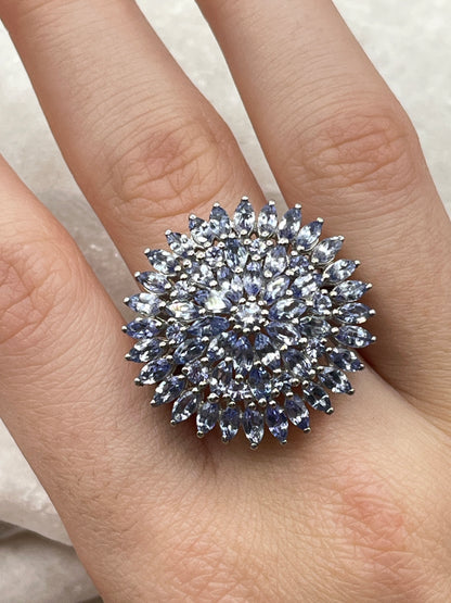 925 Sterling Silver Tanzanite Large Shaped Cluster Ring - Size O