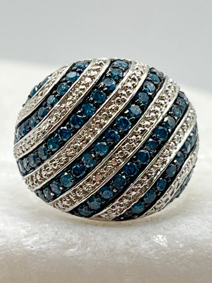 Vintage 925 Sterling Silver Curvy Blue Diamond Dome Ring - Size O