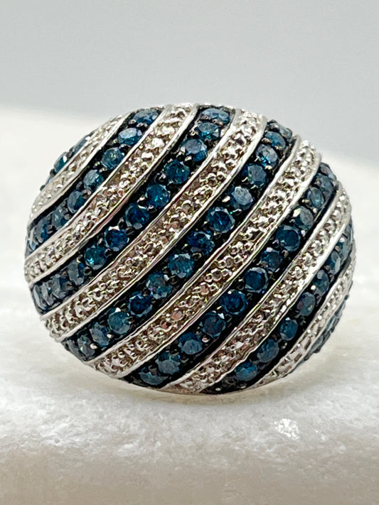 Vintage 925 Sterling Silver Curvy Blue Diamond Dome Ring - Size O
