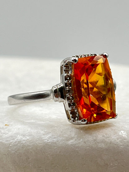 925 Sterling Silver Padparadscha Quartz and White Zircon Statement Ring - Size Q