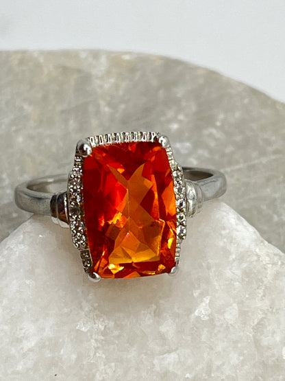 925 Sterling Silver Padparadscha Quartz and White Zircon Statement Ring - Size Q