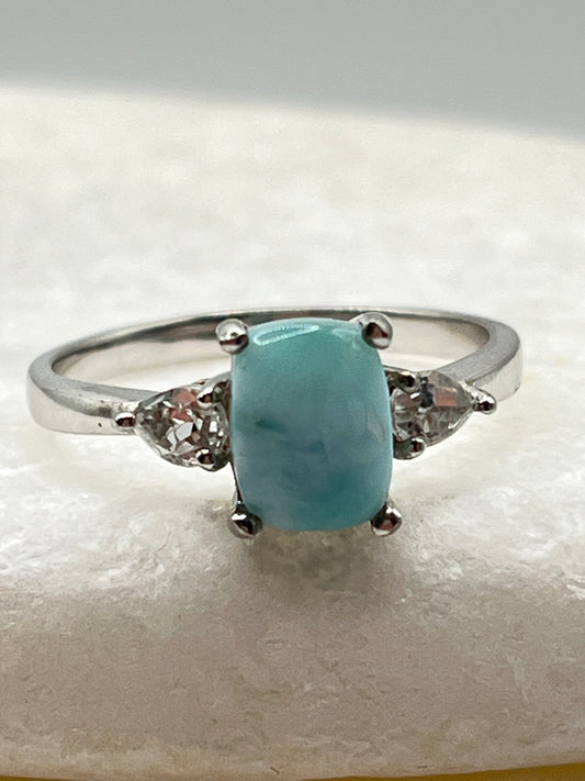 Vintage 925 Sterling Silver Larimar and White Topaz Trilogy Ring - Size S