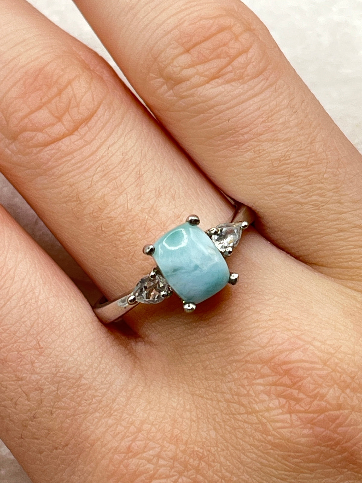 Vintage 925 Sterling Silver Larimar and White Topaz Trilogy Ring - Size O