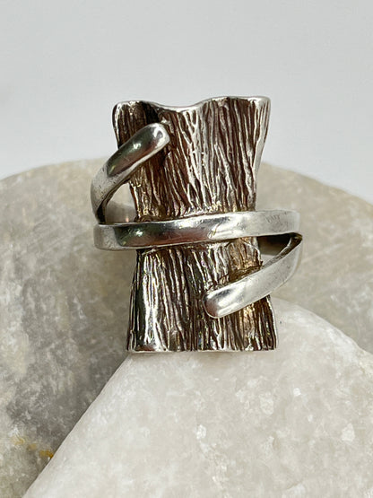 Vintage 925 Sterling Silver Modernist Tree Bark Twist Ring - Size Q