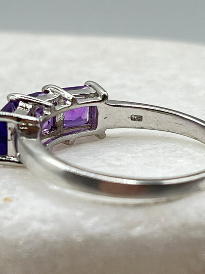 925 Sterling Square Amethyst Emerald Cut Trilogy Ring - Size S