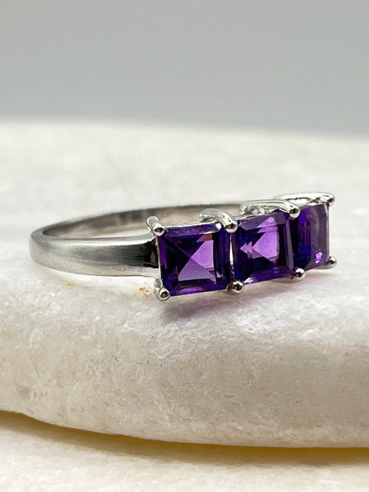 925 Sterling Square Amethyst Emerald Cut Trilogy Ring - Size S