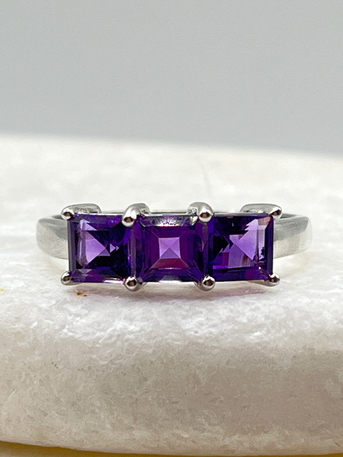 925 Sterling Square Amethyst Emerald Cut Trilogy Ring - Size S