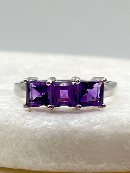 925 Sterling Square Amethyst Emerald Cut Trilogy Ring - Size S