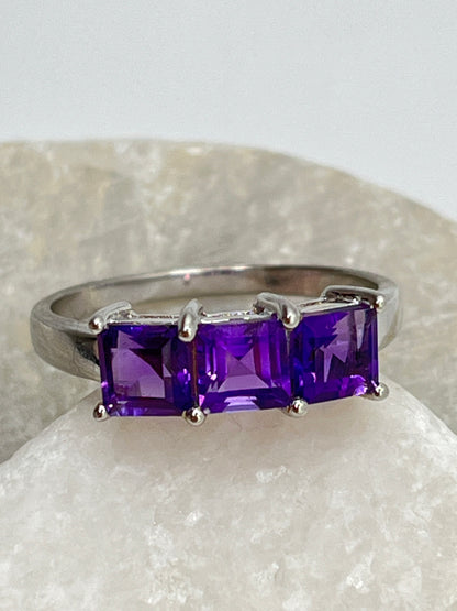 925 Sterling Square Amethyst Emerald Cut Trilogy Ring - Size S