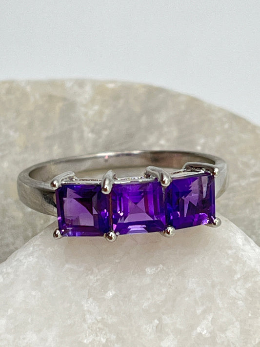 925 Sterling Square Amethyst Emerald Cut Trilogy Ring - Size S
