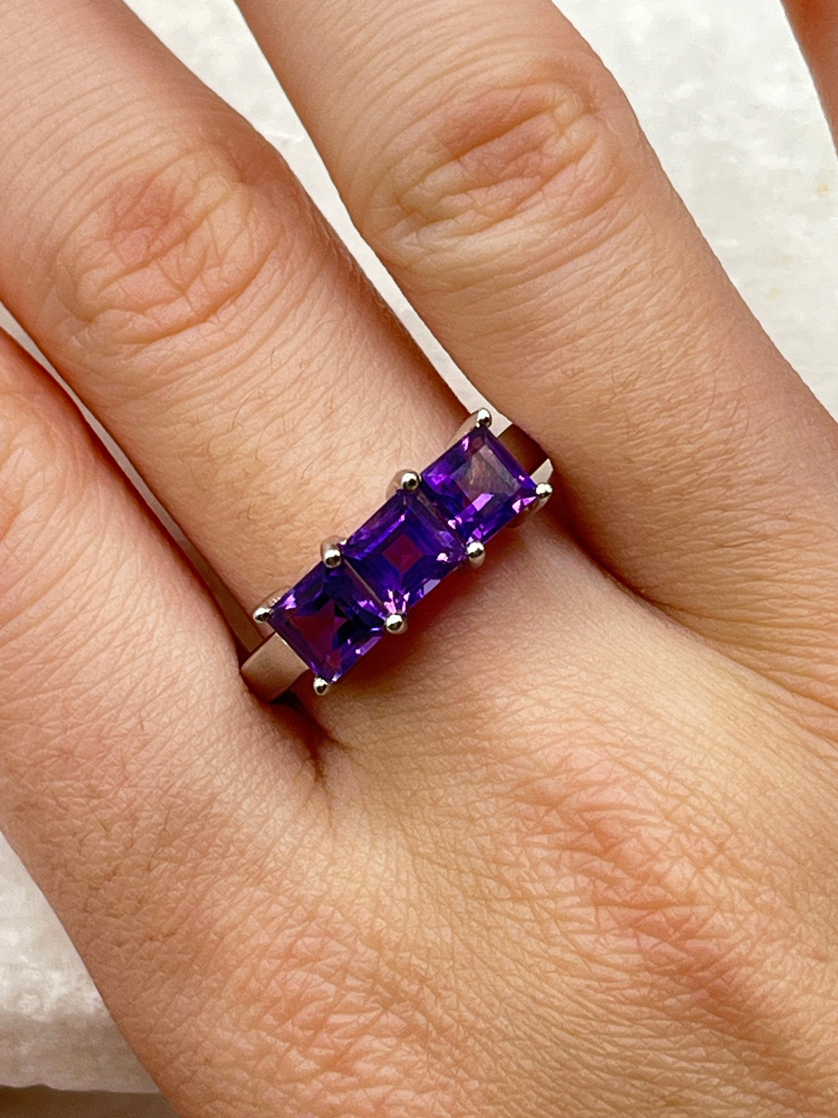 925 Sterling Square Amethyst Emerald Cut Trilogy Ring - Size S