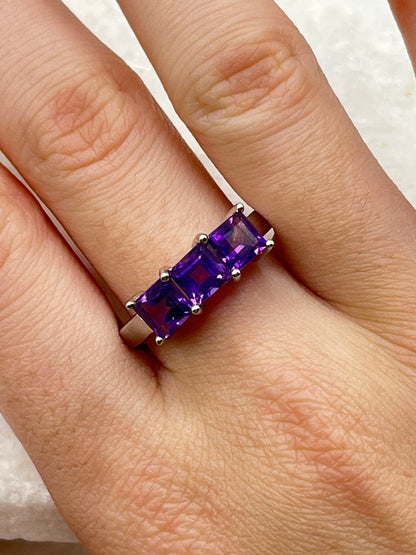 925 Sterling Square Amethyst Emerald Cut Trilogy Ring - Size S