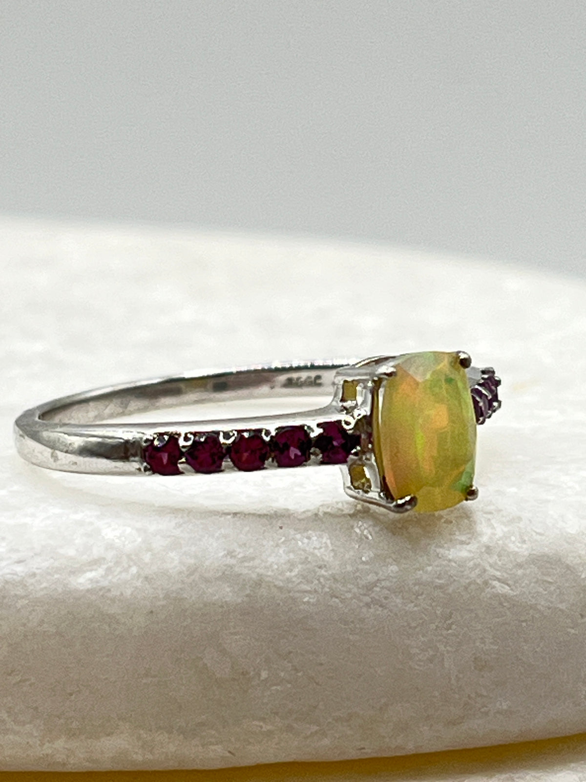 925 Sterling Silver Ethiopian Opal and Pink Tourmaline Ring - Size S