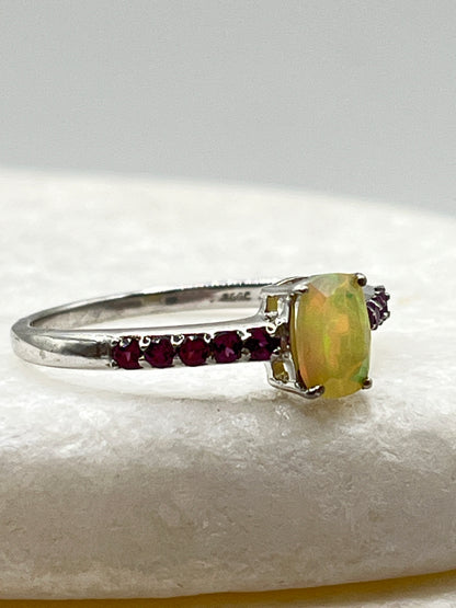 925 Sterling Silver Ethiopian Opal and Pink Tourmaline Ring - Size S