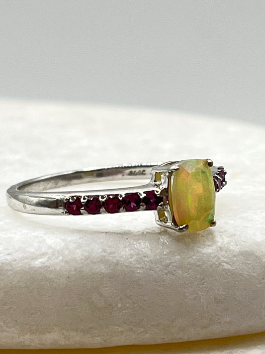 925 Sterling Silver Ethiopian Opal and Pink Tourmaline Ring - Size S