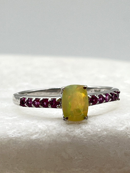925 Sterling Silver Ethiopian Opal and Pink Tourmaline Ring - Size S