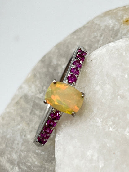 925 Sterling Silver Ethiopian Opal and Pink Tourmaline Ring - Size S